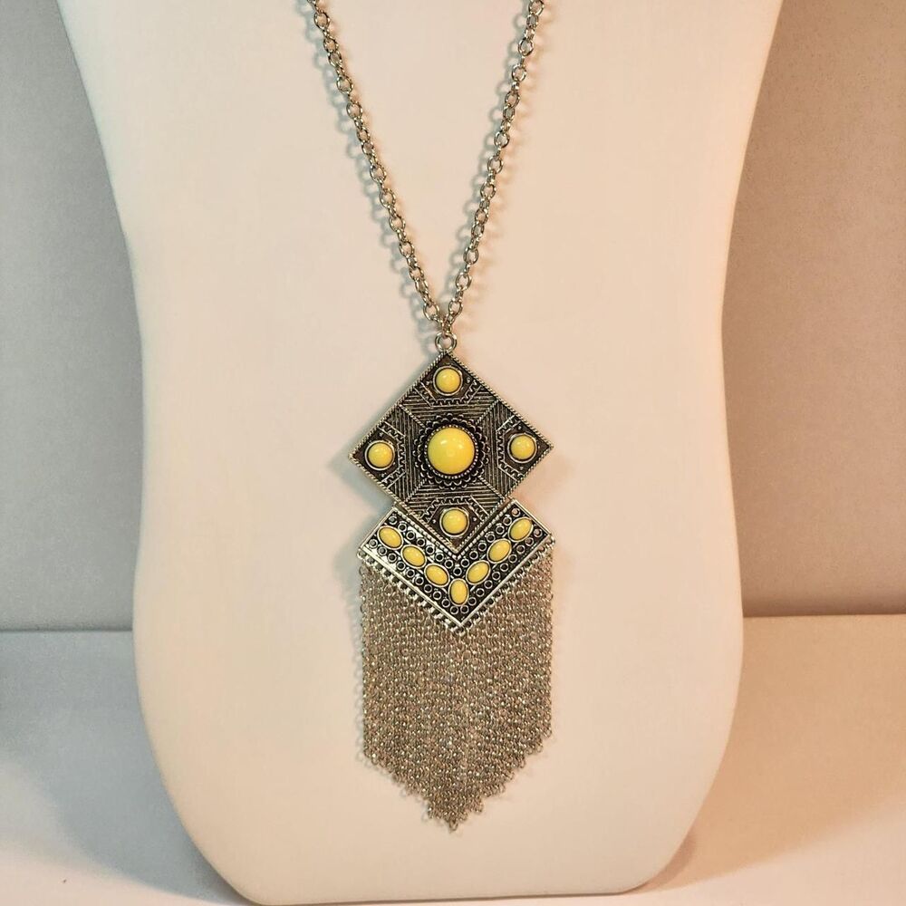 Kite Flight Long Necklace Silver Tone Yellow Statement Fringe Boho Western